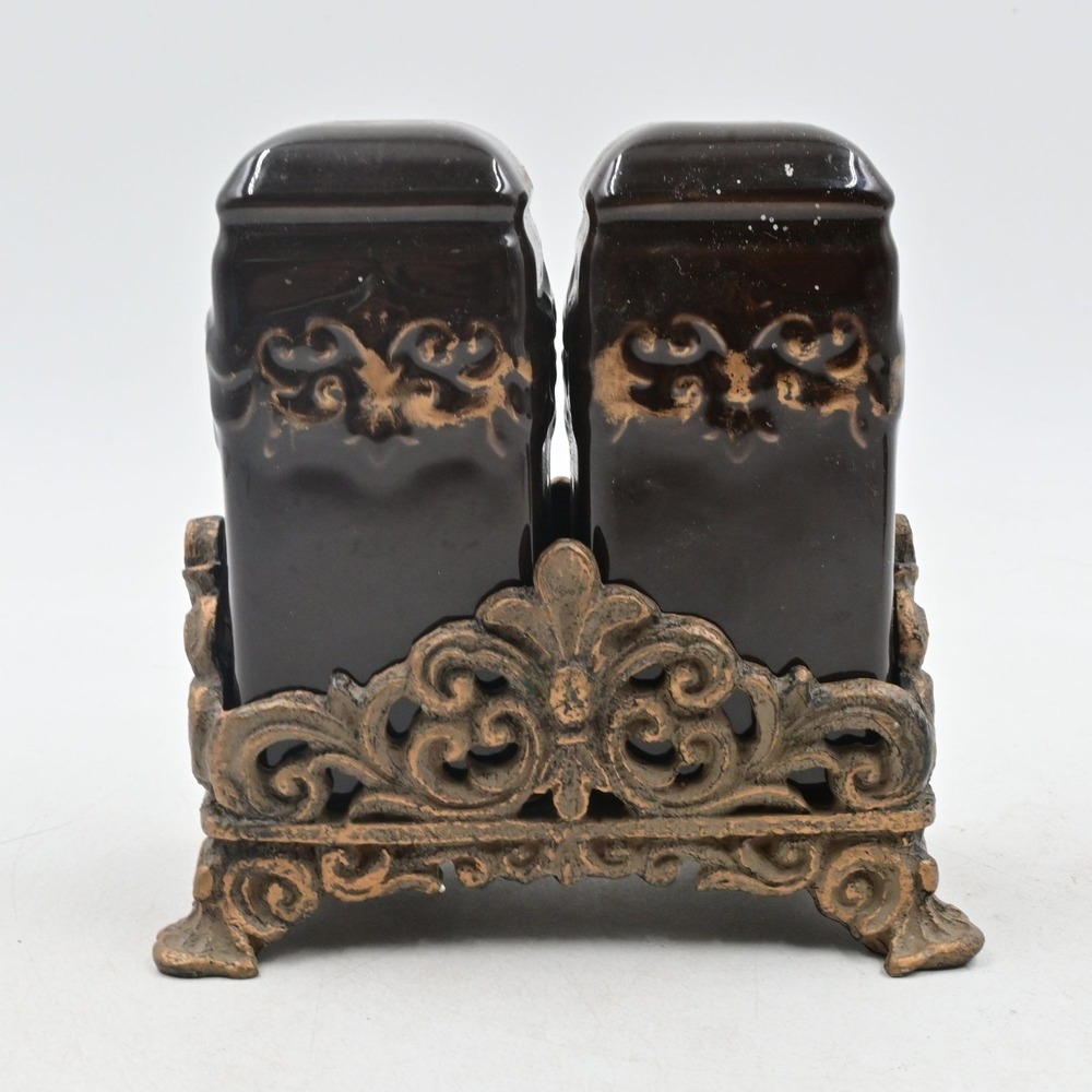 Drake Design Salt & Pepper Shakers Tuscan Fleur De Lis Caddy Set